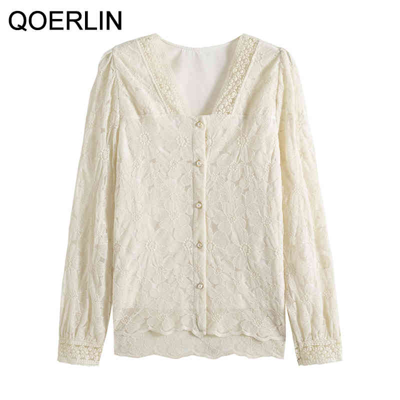 QOERLIN S2XL Chic Elegant Vneck Lantern Sleeve Shirt Blouse Women Korean Sweet Plus Size Apricot Hollow Out Tops Blusa Mujer 210412