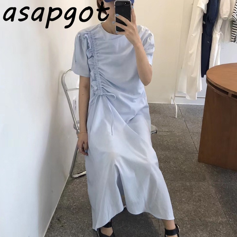 Chic Korean Gentle Loose O Neck Blue Fungus Drawstring Irregular Shirt Dress Women Short Sleeve Casual Summer White Vestido 210429
