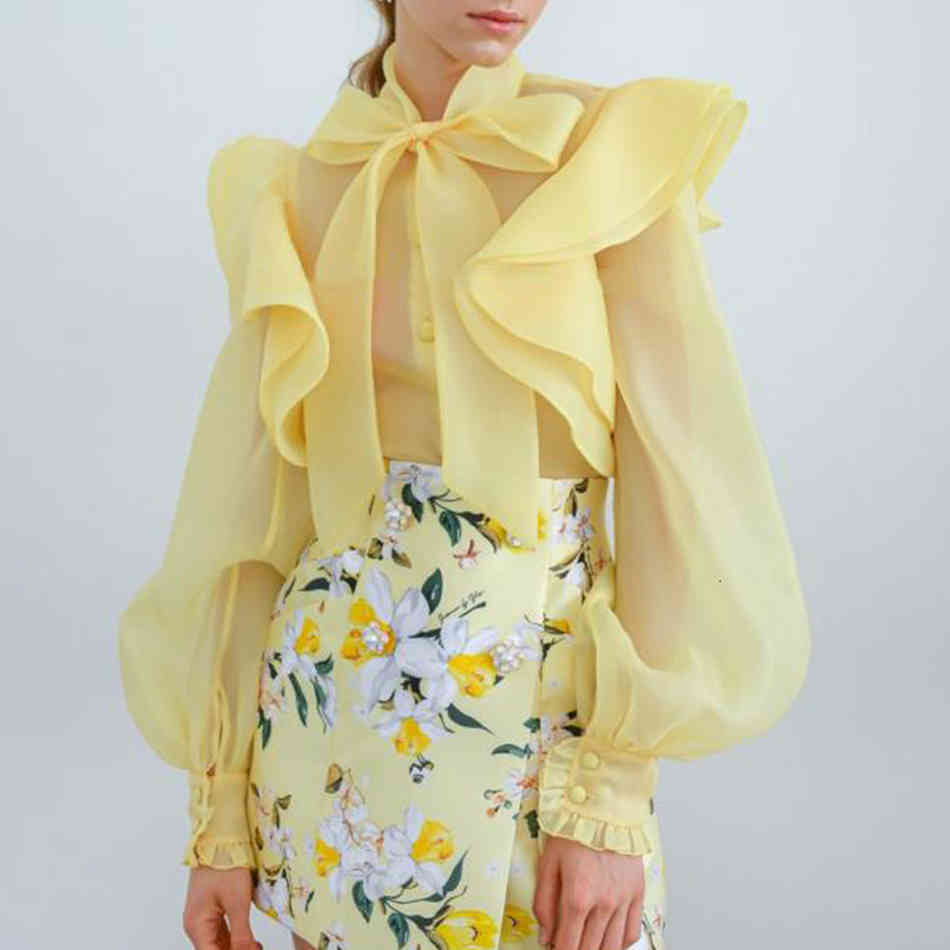 Lace Bow Tie Ruffle Puff Sleeve Long Single-breasted Perspective Top Ladies Yellow Shirt Tops Women Street Wear 210524