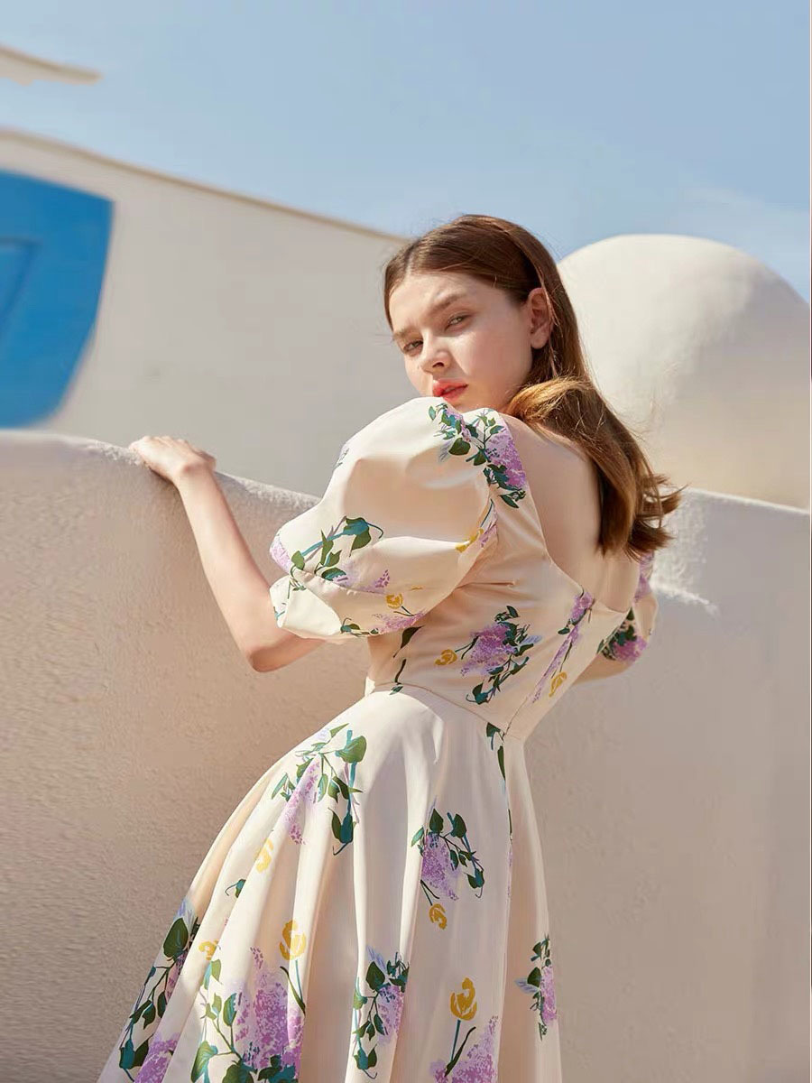 Retro Women Burgundy Dress Vintage Floral Printed Backles Square Collar Puff Sleeve Sexy Lady Midi Dresses Vestidos 210421