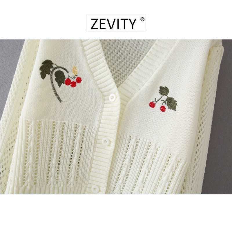 Zevity women elegant v neck flower Embroidery Cardigan Sweater chic female hollow out patchwork short Knitted crop tops S346 210603