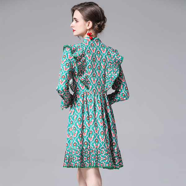 Fashion Runway Beach Dress Summer Women Flare Sleeve Bow Neck Green Floral Print Ladies Ruffles A-Line Mini 210519