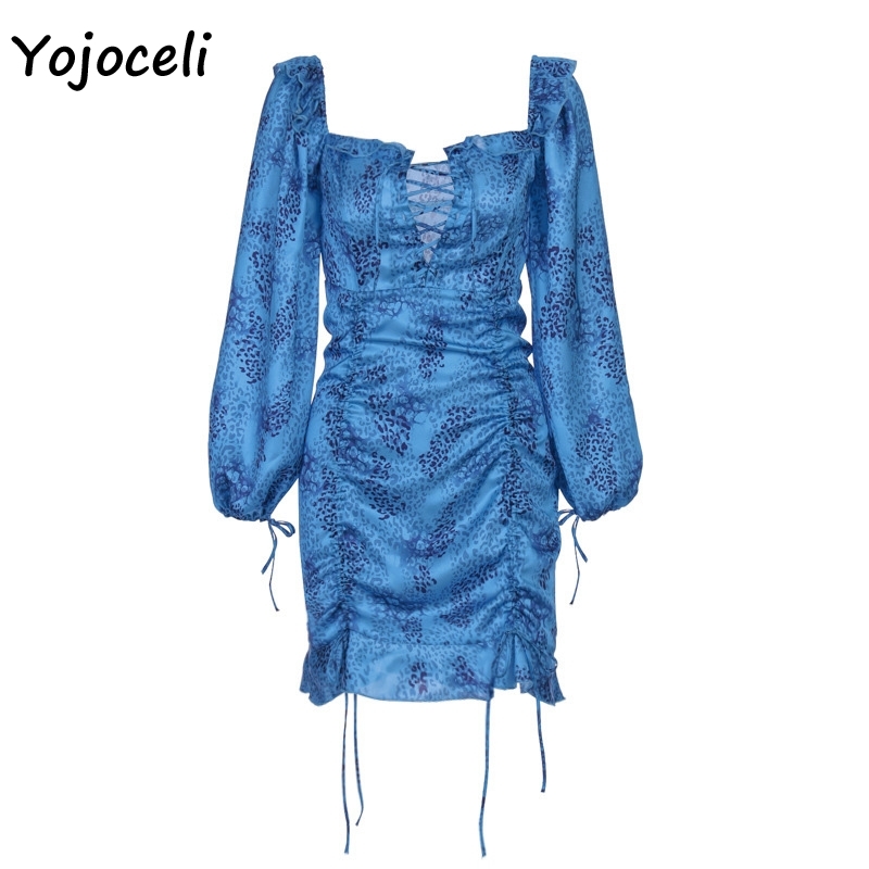 Yojoceli women off shoulder print dress women lace up boho beach party dress bodycon mini dress long sleeve spring 210409