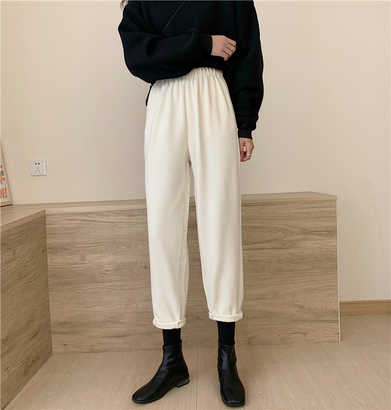 OL Retro Elastic High Waist Straight Harem Woolen Pants Women Autumn Winter Casual Warm Loose Grandma Trousers 210421