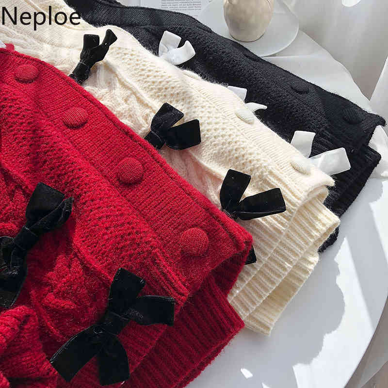 Neploe Spring Sweaters Women Sweet Bow Knitwear Cardigan Female V-neck Single Breasted Knit Short Red Coat Sueter Mujer 4H396 210422