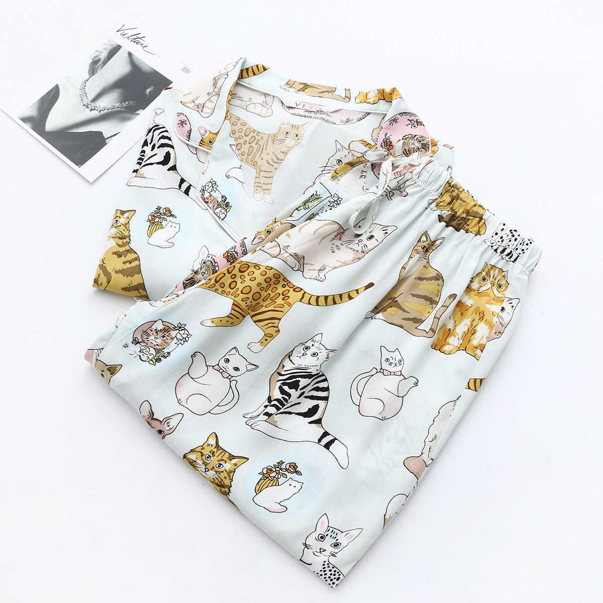 Pajamas Women Set Autumn Cute Cat Animal Print Home Clothes Cotton Silk Loose and Comfortable Ladies Dormir Pajamas 211007