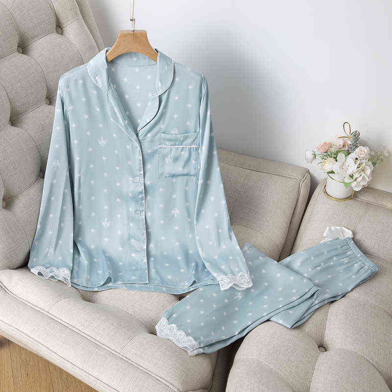Home Clothes Women's Summer Two Piece Suit Pajamas Ice Silk Satin Thin Outwear Print Lace Pyjamas Sleep Wear Lounge Set 211112