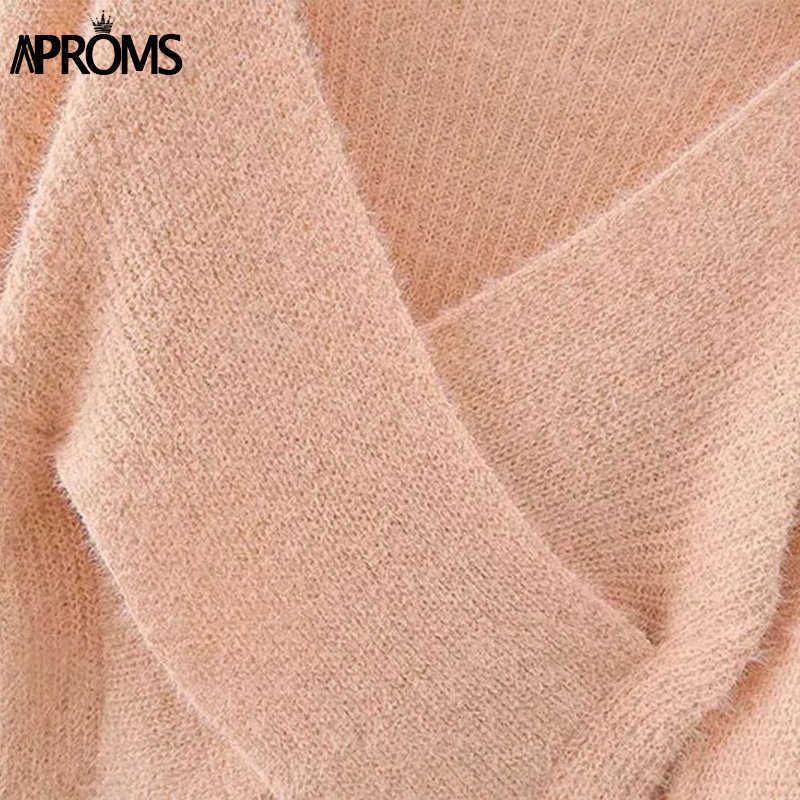 Aproms Pink Fluffy Knitted Sweater Women Autumn Winter V-neck Wrap Front Basic Cropped Pullovers Fashion Outerwear Jumper 210918