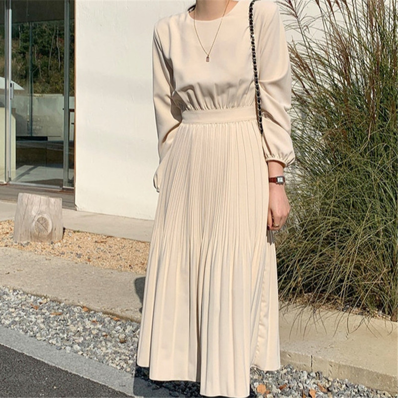 Minimalist Autumn Long Pleated Dress Women Vintage Elegant OL Work Wear O-neck Sleeve Maxi Dresses Vestidos 210421