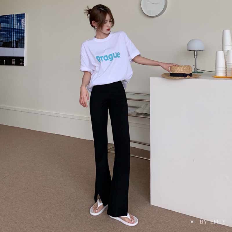 Pants & Capris Summer Thin Tight High Waist Split Blue Flare Pant Women All-match Black Grey Pantalones De Mujer Slim Casual 210429