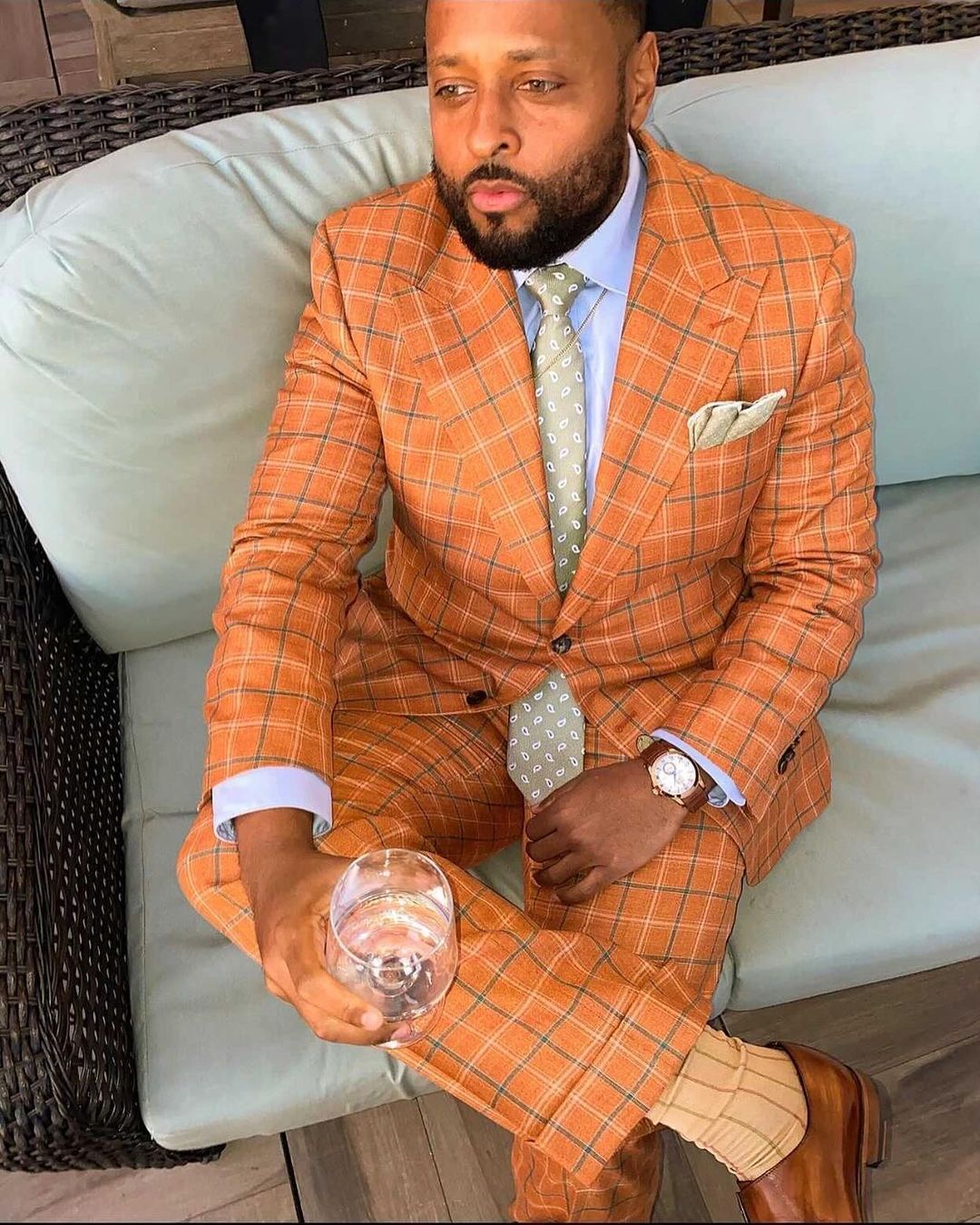 Unique Orange Check Celebrity Mens Customized Wedding Tuxedos Plus Size Men Wear Dinner Prom Party Blazer (Jacket+Pants)