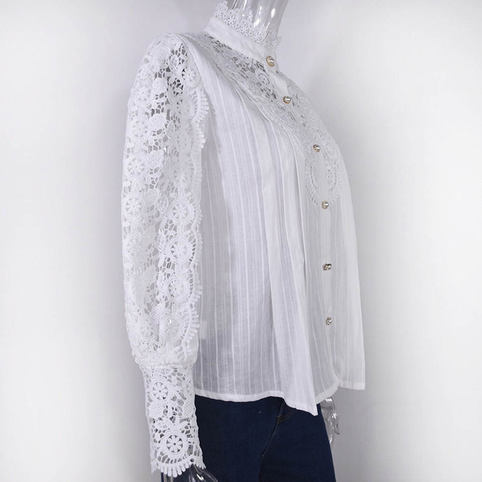 Women Elegant Lace Trim Shirts Hollow Out Loose Casual Victorian Blouses Long Sleeve Button Down Tops