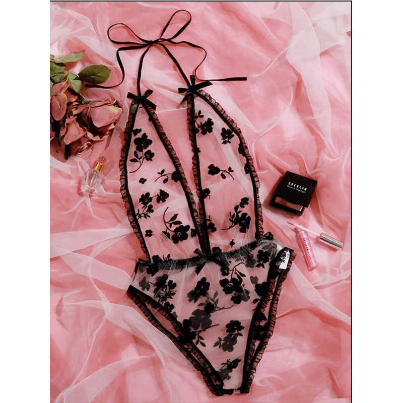 Porn Sexy Women Lace Body Suit One Piece V-neck Lingerie Erotic Teddies Bodysuit Hollow Porno Costume Intimates Underwear X0622