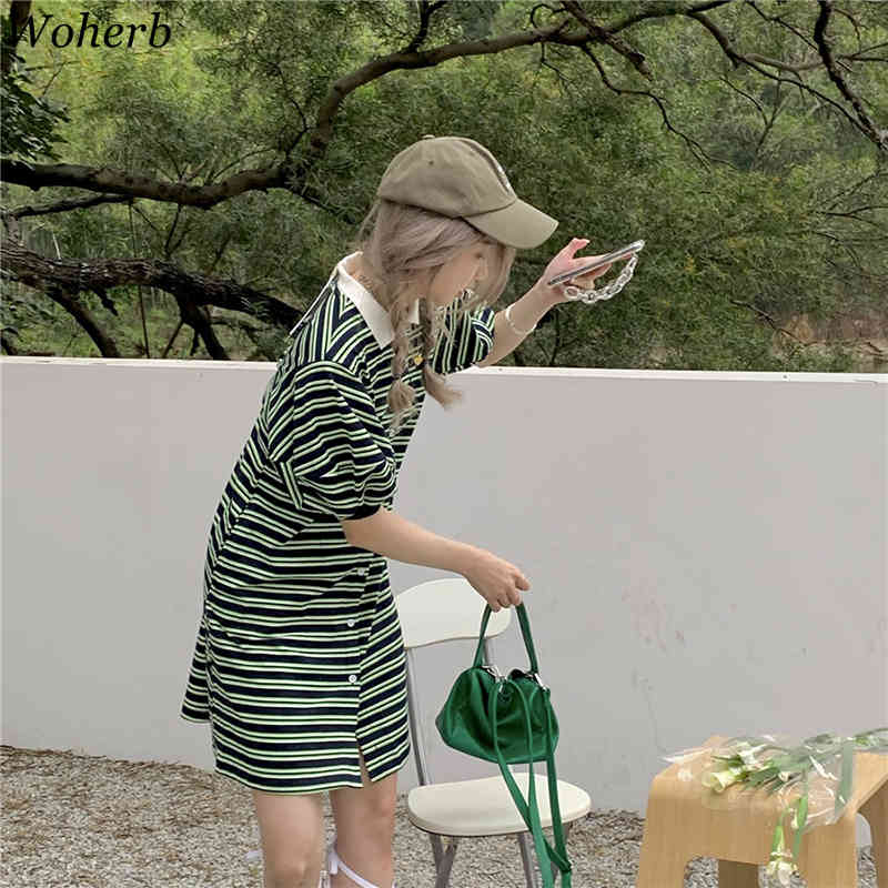 Harajuku Striped Ladies Dress Women Puff Sleeve Mini Green Shirt Dresses Summer Korean Chic Streetwear Vestidos 210519