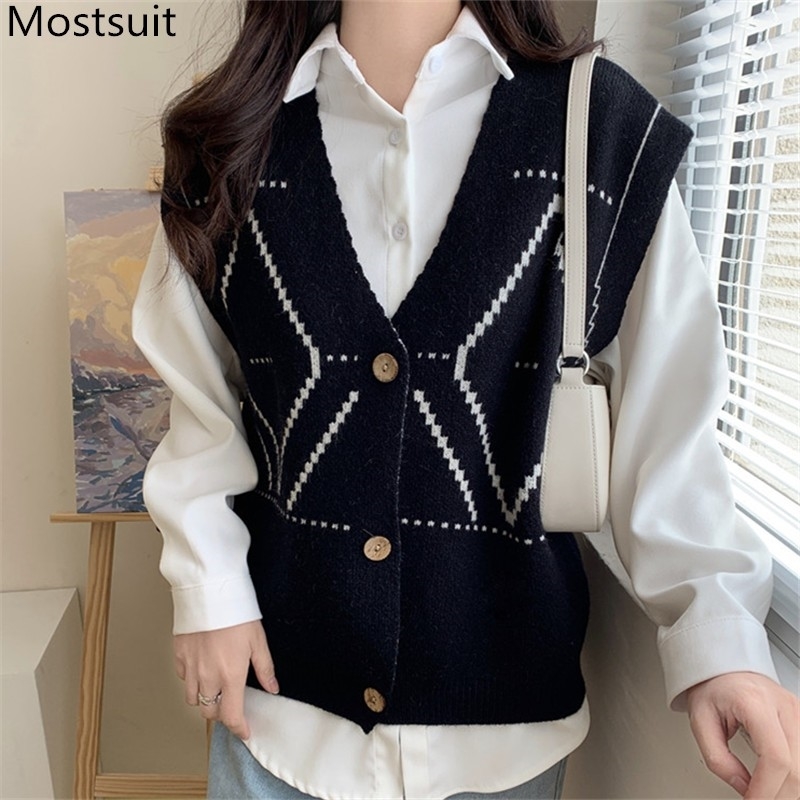 Single Breasted Plaid Knitted Carigan Vest Women Sleeveless V-neck Tops Korean Vintage Female Sweater Femme 210514