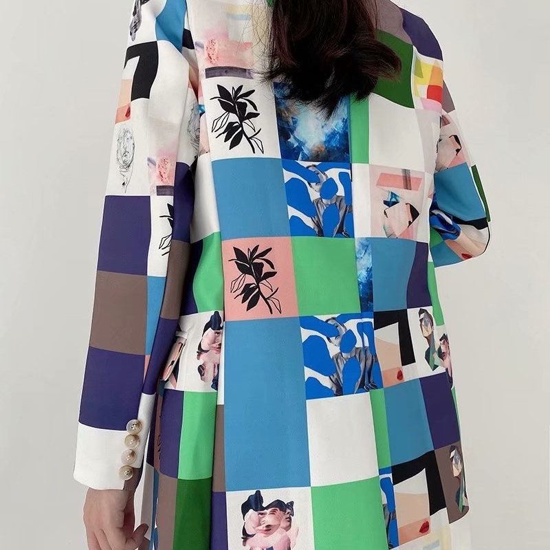 fashion women button blazer elegant autumn pocket jackets casual female print plaid long suits girls chic sets 210430