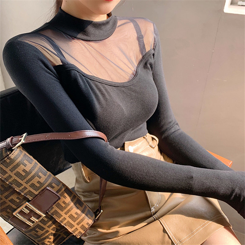 Plus Size Female Turtleneck Solid Basic Women All Match Brief Tops Full Sleeves Patchwork Lace T-Shirts 210421