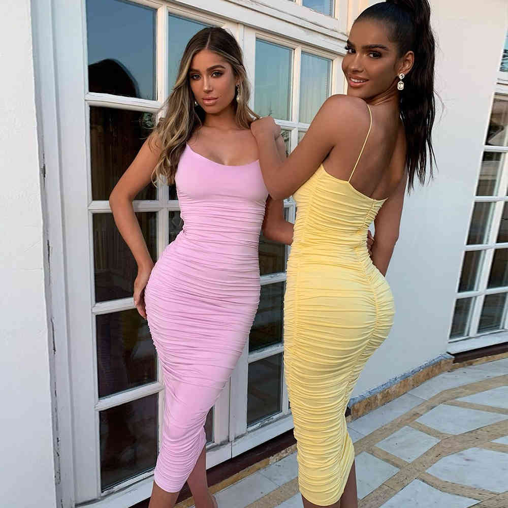 Summer Women Pink Spaghetti Strap Evening Dress Sexy Sleeveless Draped Celebrity Runway Club Party Casual Dresses 210423