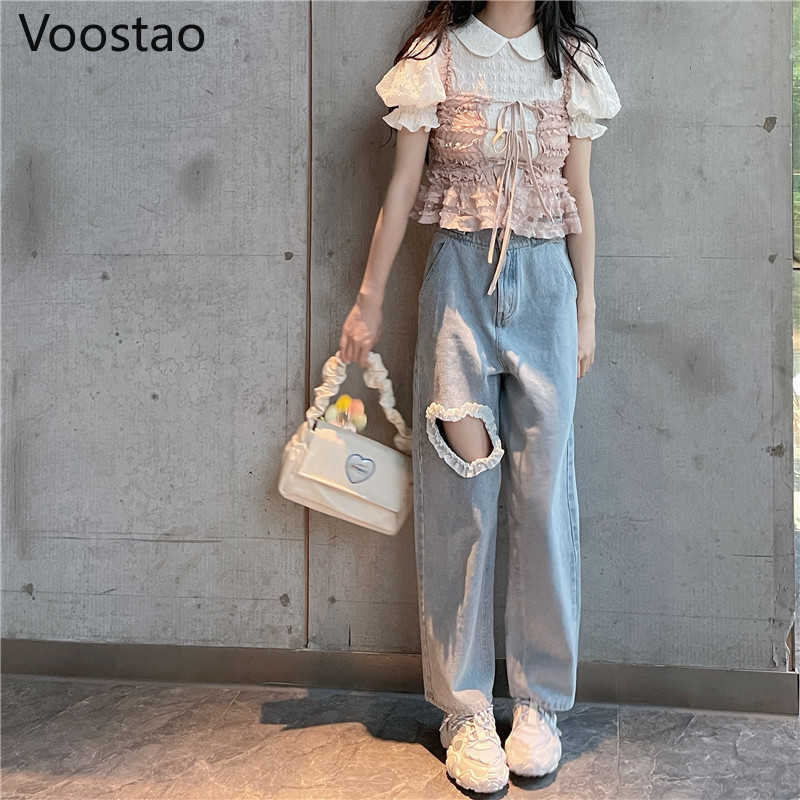 Sweet High Waist Denim Pants Women Chic Love Heart Ruffles Hollow Out Wide Leg Jeans Female Streetwear Straight Trousers 211115