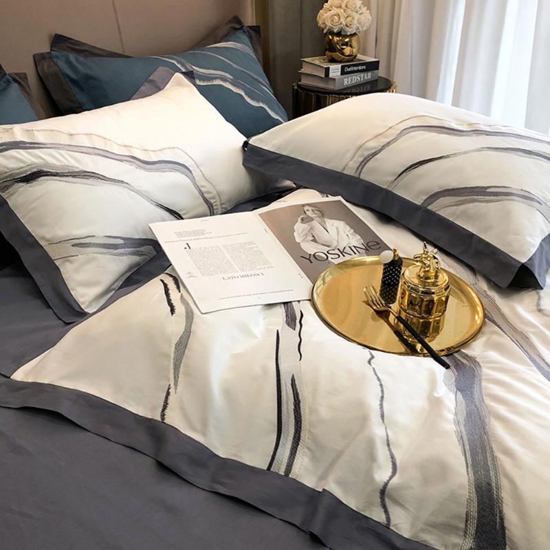 Papa&Mima Brief Marble Print Bedding Set Satin Egyptian Cotton Duvet Cover Queen King Size Linens Sheet Pillowcases Sets