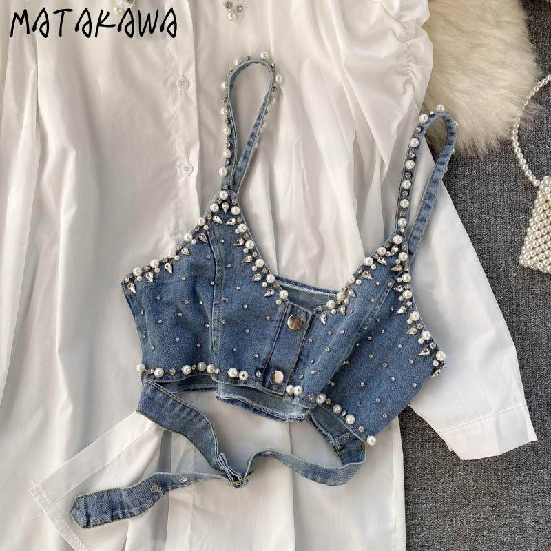 MATAKAWA Loose Women Blouses Lapel Beaded Ladies Shirt Stacking Bead Sling Waistcoat Chic Fashion Two-piece Set Women 210513