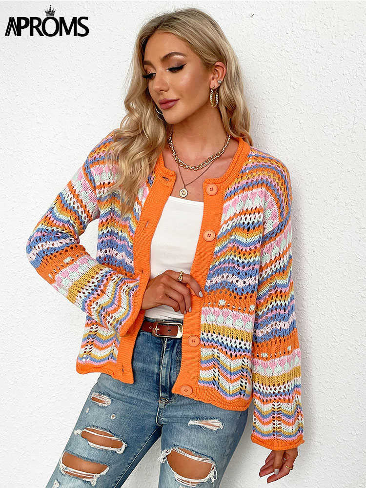 Aproms Elegant Rainbow Colored Long Sleeve Knit Cardigan Women Autumn Hollow Out Oversized Sweater Female Fashion Outerwear 211018