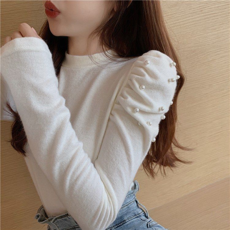 Nomikuma Korean Beads Puff Sleeve Knitted Pullovers New Stand Neck Slim Knitwear Causal Sexy Slim Sweater Camisas Mujer 6D838 210427