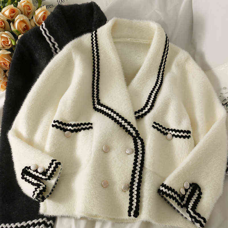 Mink Cashmere Loose Sweater Cardigan Jacket Women Autumn and Winter Short Bright Silk Stripe Thickened Knitted Top Coat 211117