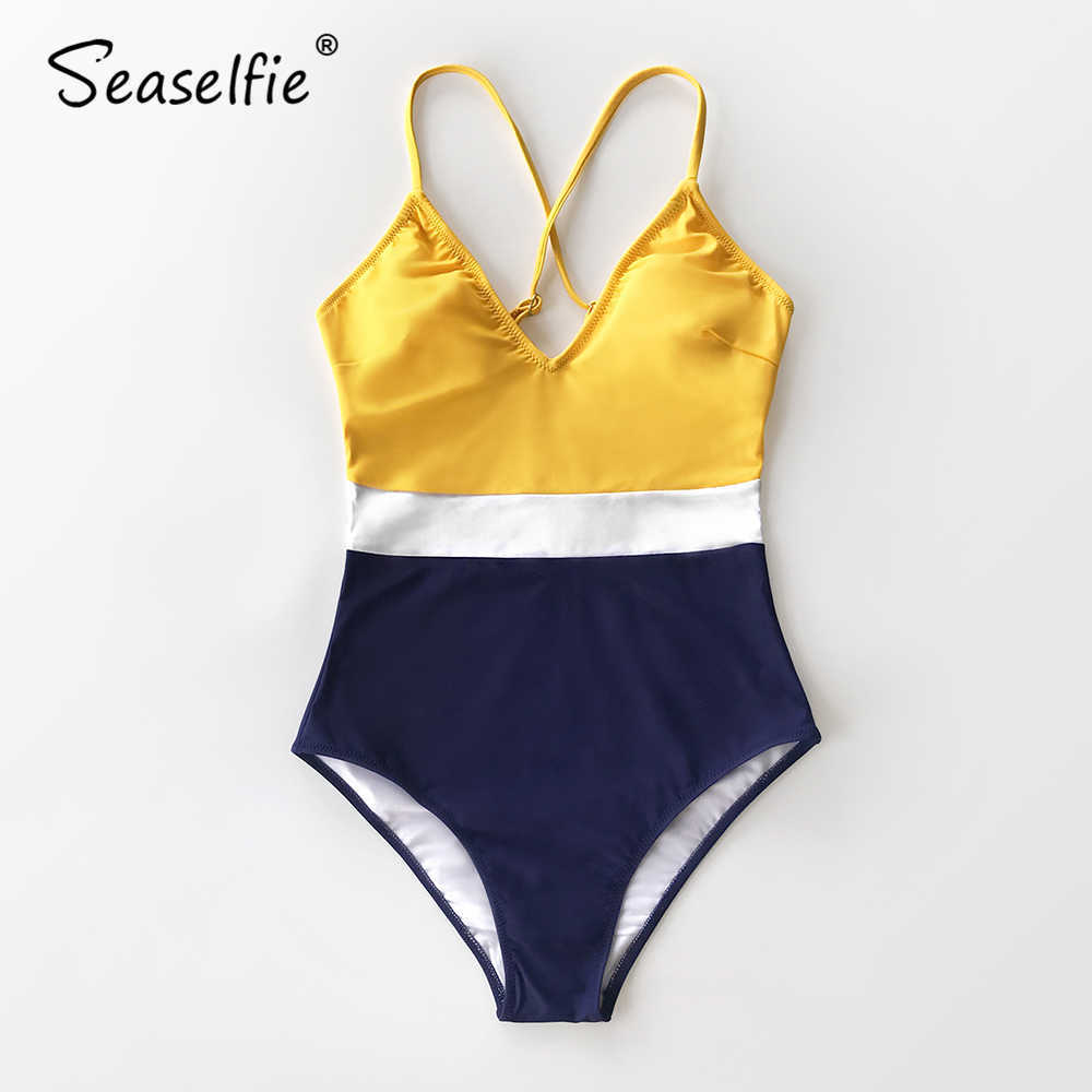 SEASELFIE Sexy Colorblock VNeck Swimsuit Women Padded Cups Monokini Beach Bathing Suit Swimwear 210702