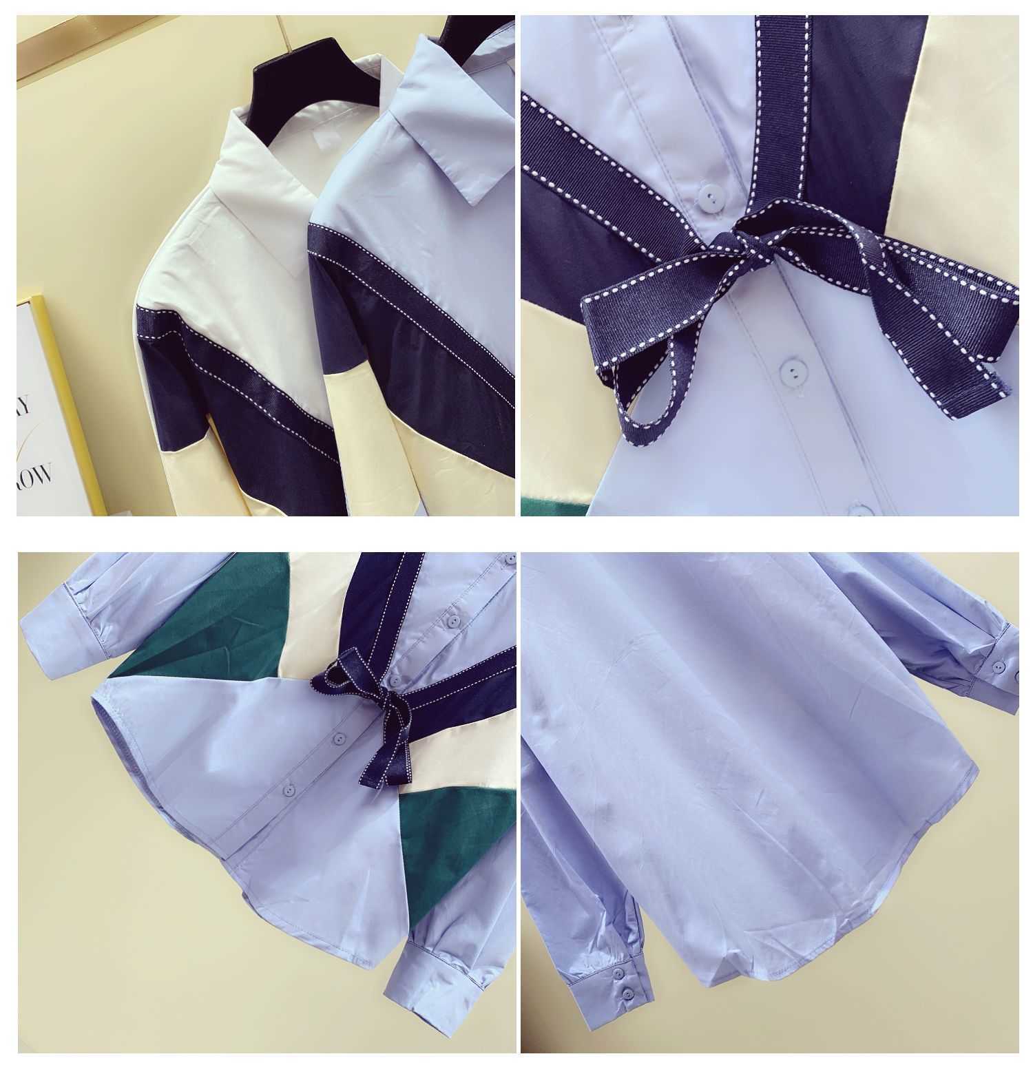Spring and Summer Korean-style Casual Women Shirts Loose-Fit Bow Lace-up Shirt Women's Patchwork 210615Z