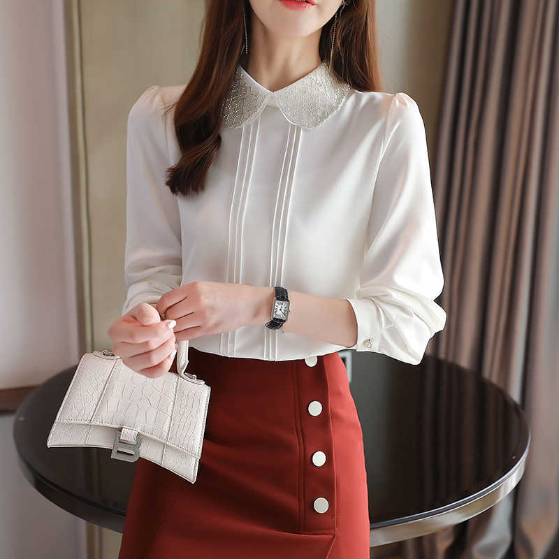 Chiffon Shirt Female Doll Collar Beaded Blouse OL Temperament Long Sleeve Back Button Pullovers Plus Size 210601