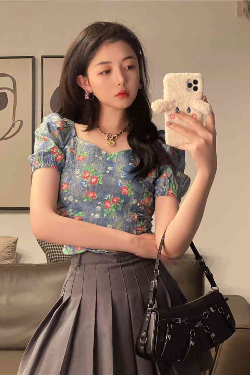 Blouse Women Floral Denim Shirts Square Neck Puff Short Sleeve Fashion Clothing Crop Tops Summer Sexy Casual Blusa Mujer Retro 210429
