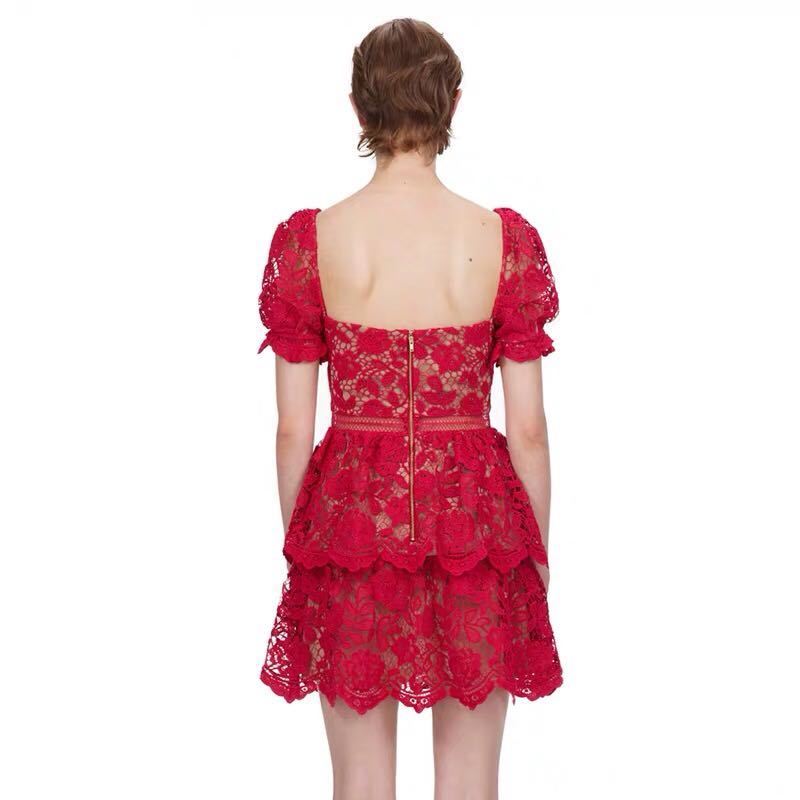 Spring Puff Sleeve High Waist Slim Backless Dress Women Self Portrait Red White Color Lace Mini Female Sexy 210506