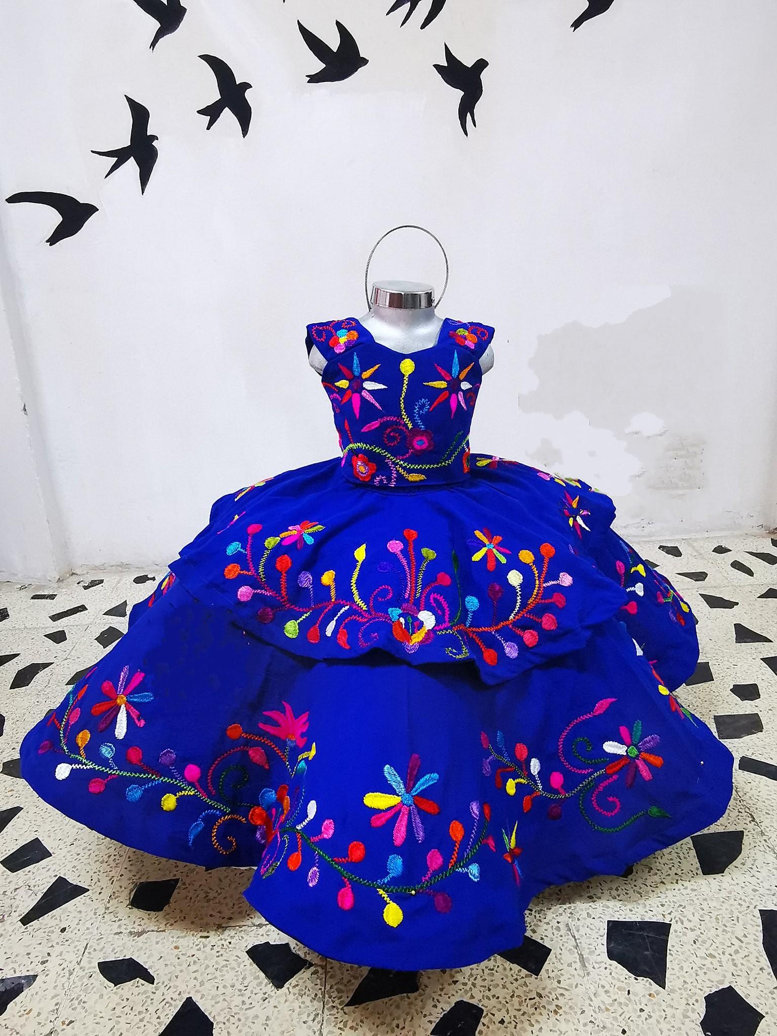 Mexican Embroidered Flower Girl Dresses For Wedding Kids Royal Blue Satin Baby Wedding Guest Dress