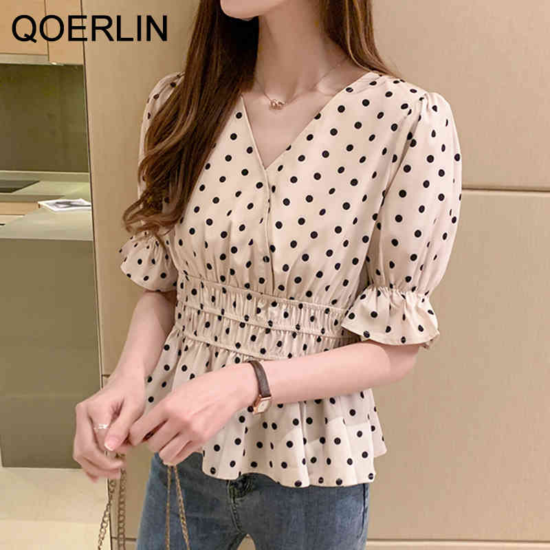 QOERLIN Vintage Polka Dot Blouse Women Summer Korean V Neck Short Sleeve Shirt Female Plus Size Flare Sleeve Top Shirts 210412