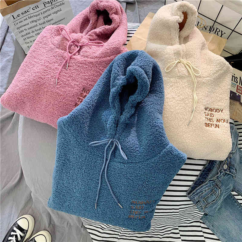 Lucyever Fashion Pink Sweet Hooded Sweatshirts Women Harajuku Letter Print Pocket Hoodies Woman Loose Fleece Pullovers Ladies 210521