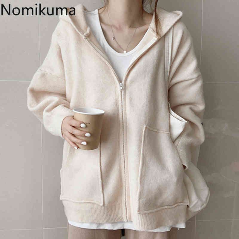 Nomikuma Causal Double Pockets Knitted Cardigan Autumn Winter Women Sweater Coat Long Sleve Zipper Hooded Knitwear 6C364 210427