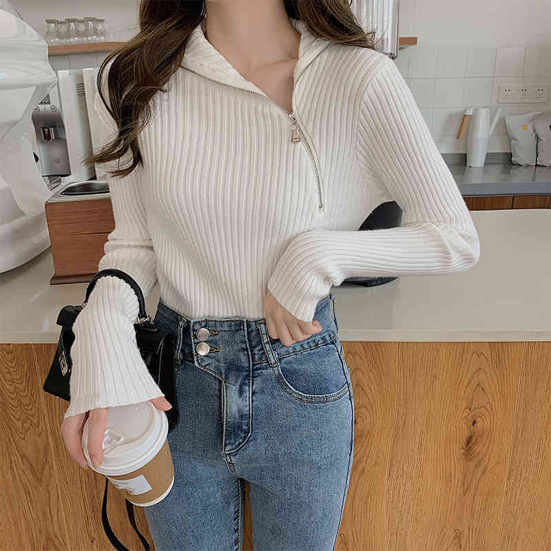 Colorfaith New Women's Knitwears Autumn Winter Slim Warm Turtleneck Pullover Minimalist Zipper Bottomings Lady Tops SW6082 210413