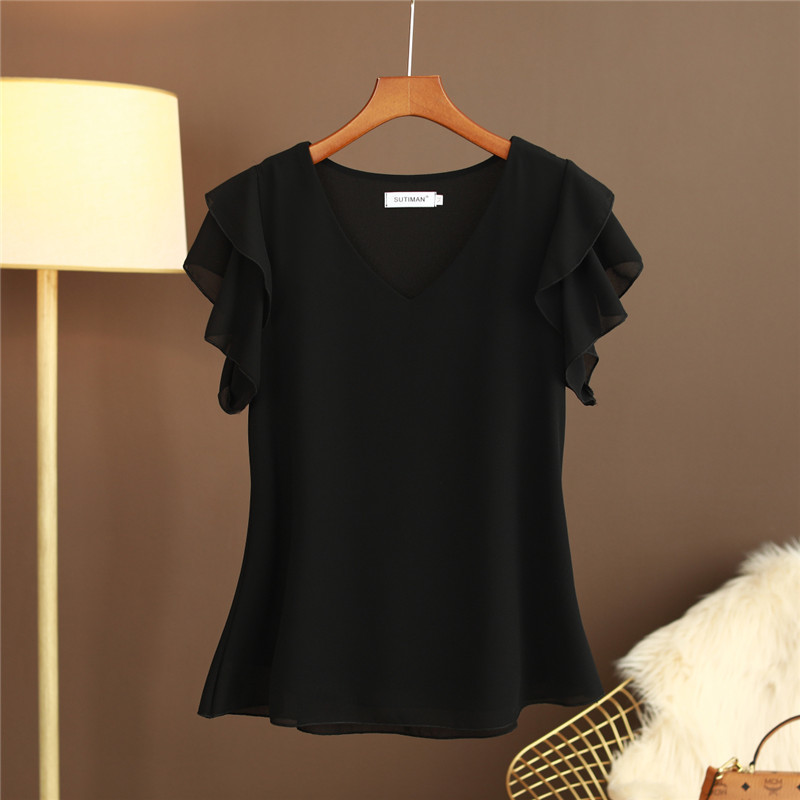 Chiffon Blouses Women Solid Ruffles V Neck Blusas Mujer All Match Casual Summer Tops M-6XL Shirts 16982 210415