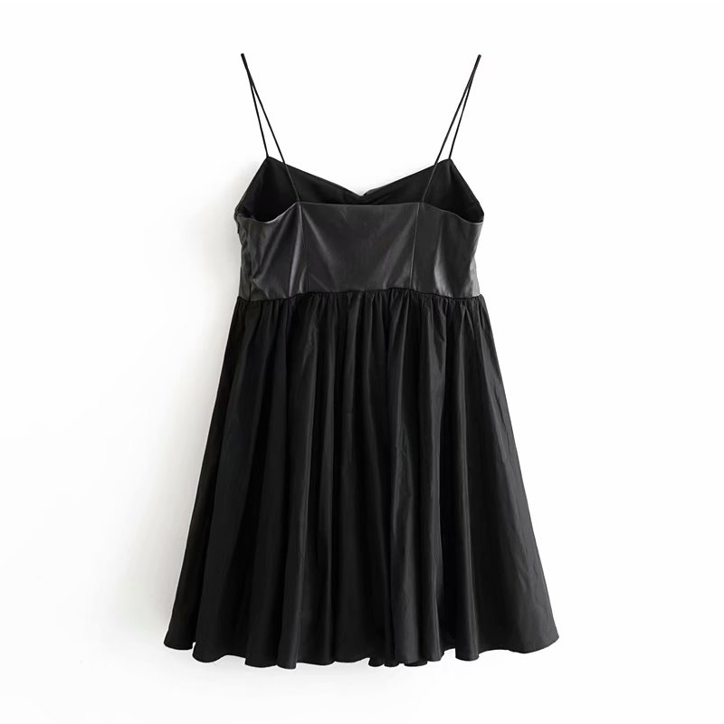 Black PU Leather Patchwork Mini Dress Women Spaghetti Strap Pleated Party es Sexy Sleeveless Backless Short 210508