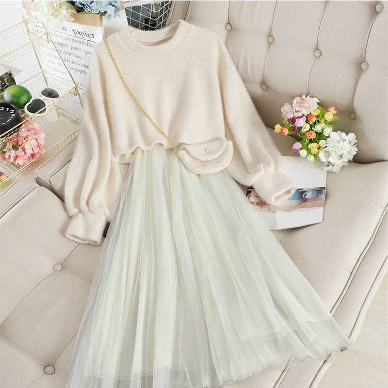 LY VAREY LIN Spring Autumn Women Fahsion Sling Mesh Skirt Suit Set Female Solid Color Short Pullover Top Two Piece Dress 210526