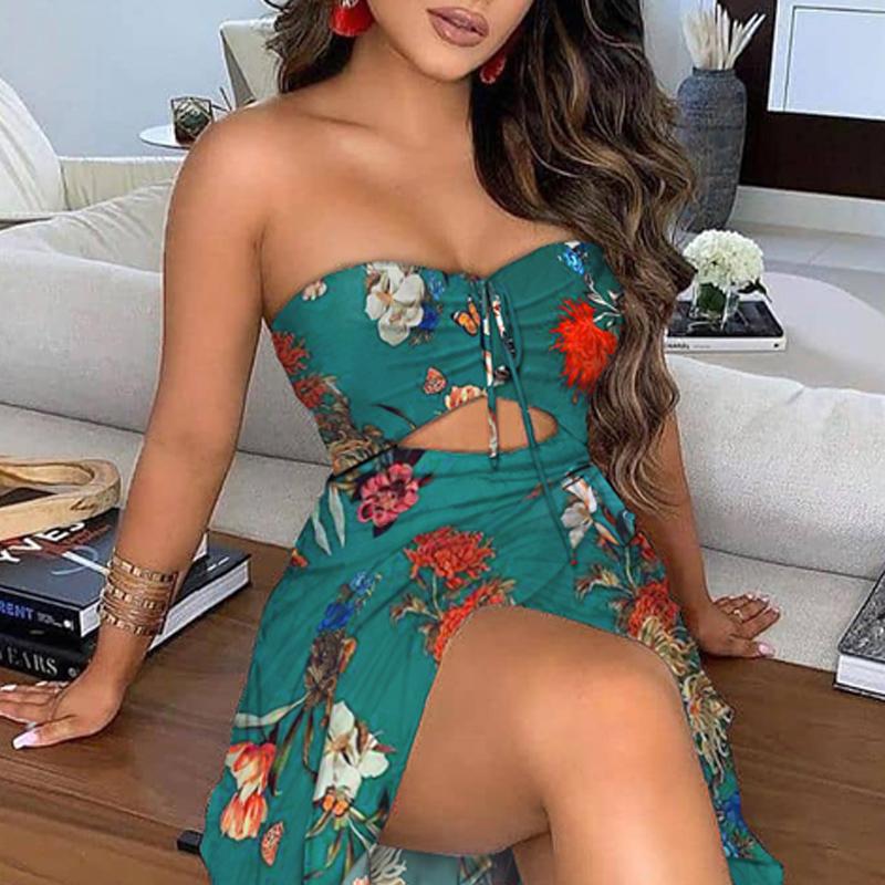 Fashion Women Floral Print High Slit Party Dress Sexy Hollow Out Strapless Beach 2021 Summer Elegant Sleeveless Long Casual Dresses