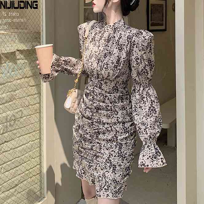 French Retro Pleated Stand Collar Women Chiffon Dress Long Sleeve Floarl Printed Woman Mini Mujer Vestdos Fashion 210514