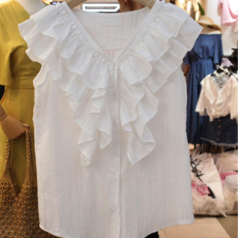 Nomikuma Women Shirts Blouses Korean Layered-ruffle Sweet Sleeveless V-neck Tops Causal Single Breasted New Blusas 6G083 210427