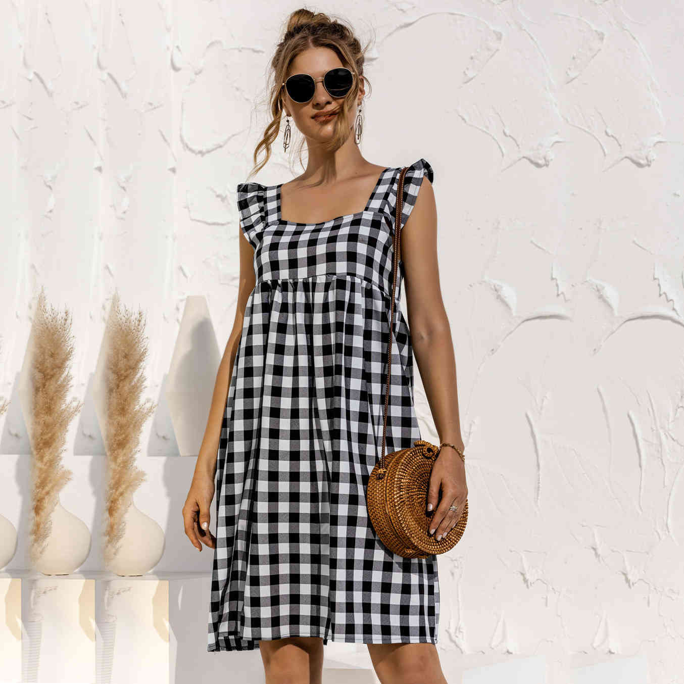 Women plaid dress Summer Square Neck A-line Butterfly Sleeves Plaid Ruffles Pullover Dress female lovely girls 210524