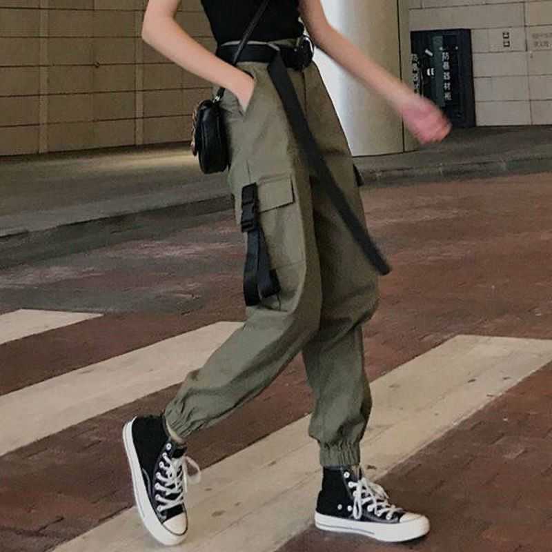 QWEEK Gothic Black Cargo Pants Women Hippie Streetwear Autumn Harajuku Loose Trousers For Female Rave Punk Straight Oversize 211006