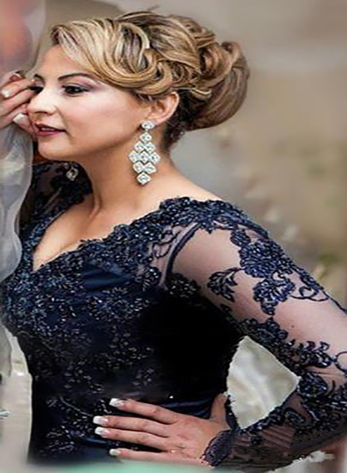 Navy Blue Lace Mother of the Bride Dresses 2022 New Elegant V-Neck Long Sleeve Mermaid Mother of the Groom Wedding Guest Gowns M63
