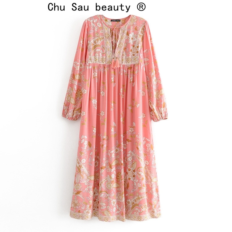 Chic Summer Vintage Floral Bow Tie Boho Long-sleeved Dress Woman Vacation V-neck Floor Beach Long Vestidos De Verano 210514