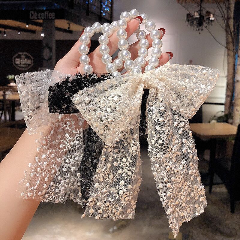 Happy multi knock fairy lace bow pearl hair rope Korean version Sen series ribbon large intestine circle hair ornament headdress