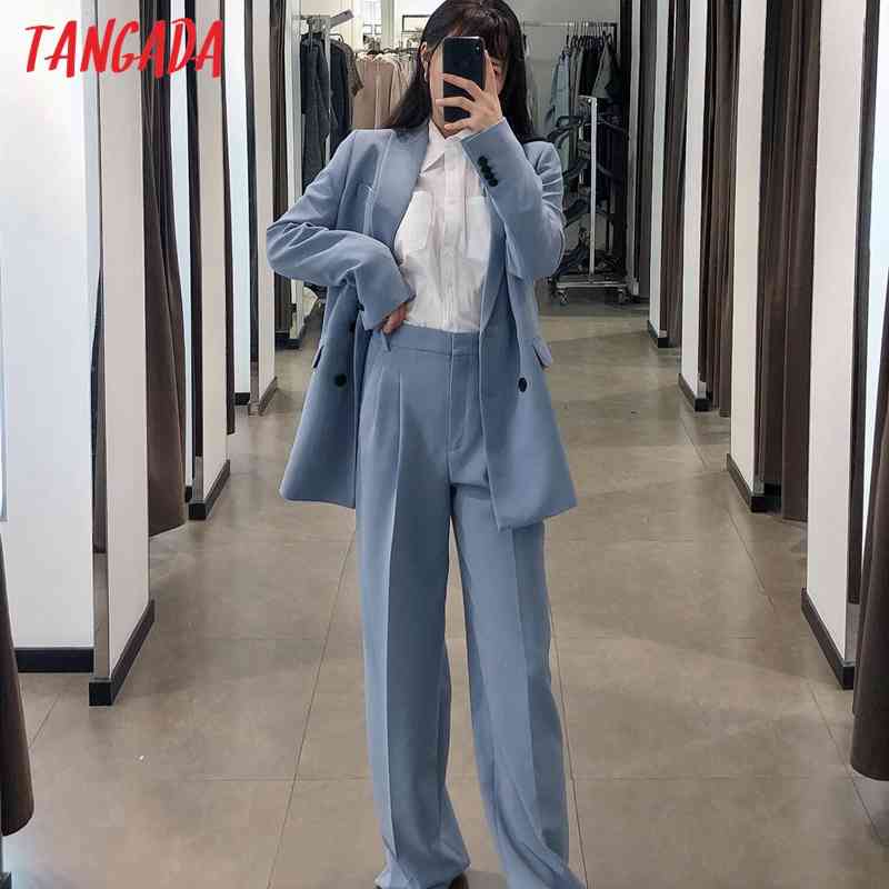 Fashion Women Blue Suit Trousers Pockets Buttons Office Lady Pants Pantalon BE322 210416